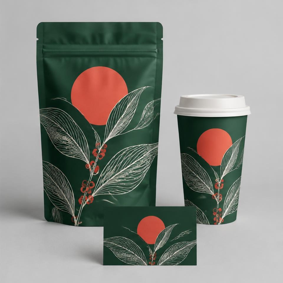 Contoh konsep identitas kopi hijau dengan emblem matahari coral