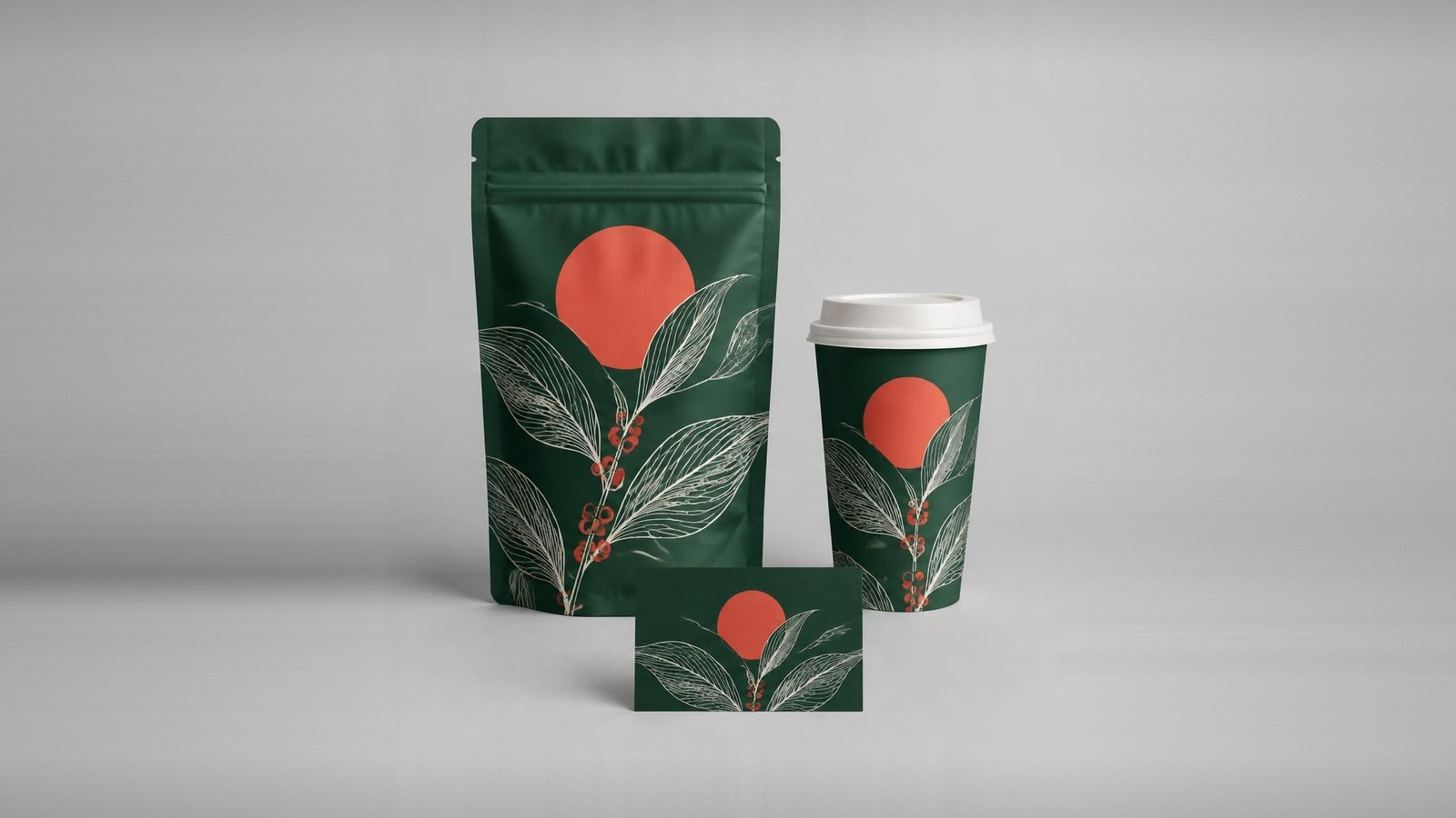 Eksplorasi konsep: kemasan dan gelas kopi dengan identitas hijau dan coral